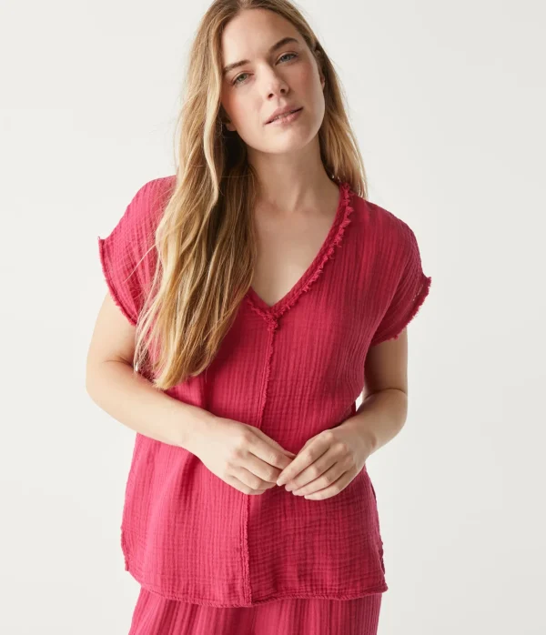 Michael Stars Draya Gauze V-Neck Top- Tops, Blouses & Shirts