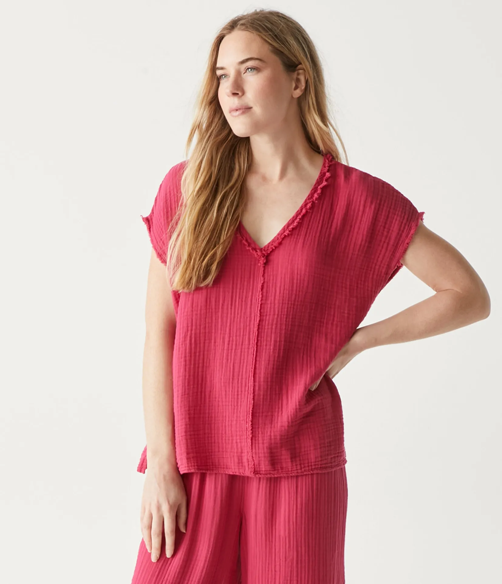 draya_gauze_vneck_top_26.webp Michael Stars Draya Gauze V-Neck Top- Tops, Blouses & Shirts