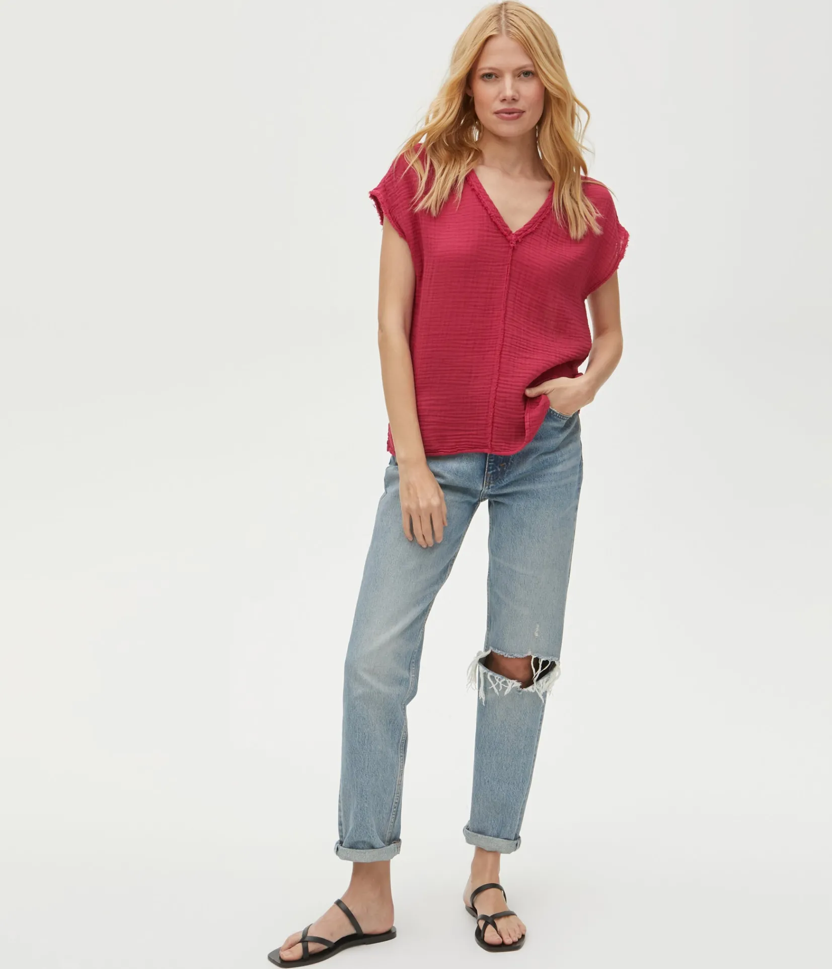 draya_gauze_vneck_top_48.webp Michael Stars Draya Gauze V-Neck Top- Tops, Blouses & Shirts
