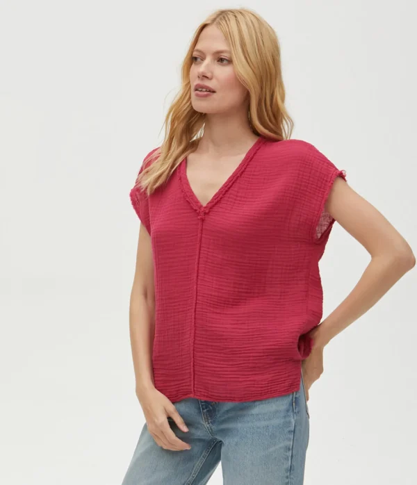 Michael Stars Draya Gauze V-Neck Top- Tops, Blouses & Shirts