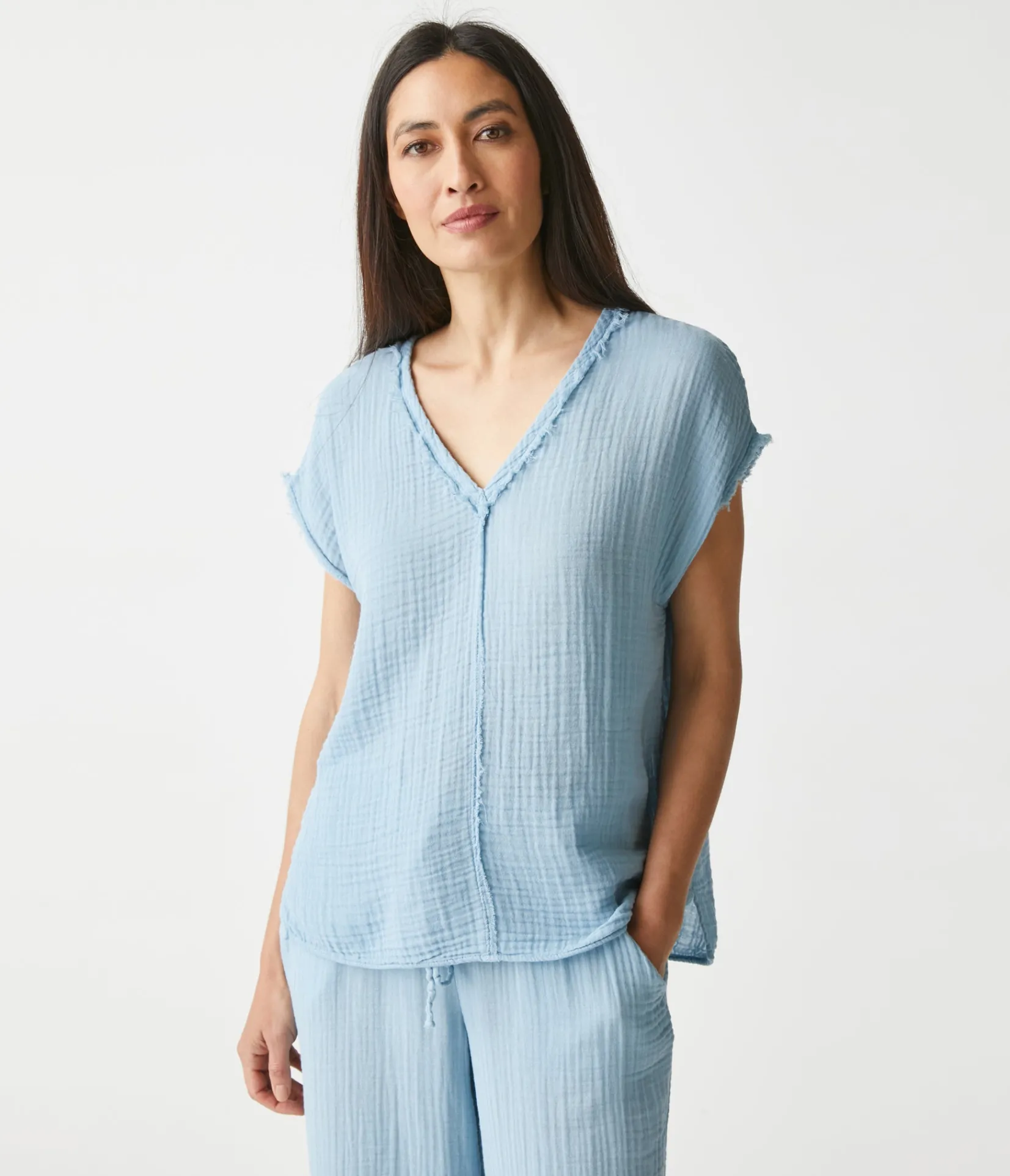draya_gauze_vneck_top_51.webp Michael Stars Draya Gauze V-Neck Top- Tops, Blouses & Shirts