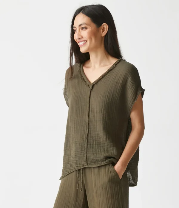Michael Stars Draya Gauze V-Neck Top- Tops, Blouses & Shirts