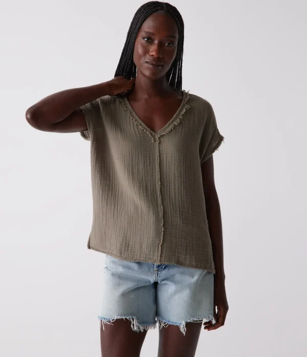Michael Stars Draya Gauze V-Neck Top- Tops, Blouses & Shirts