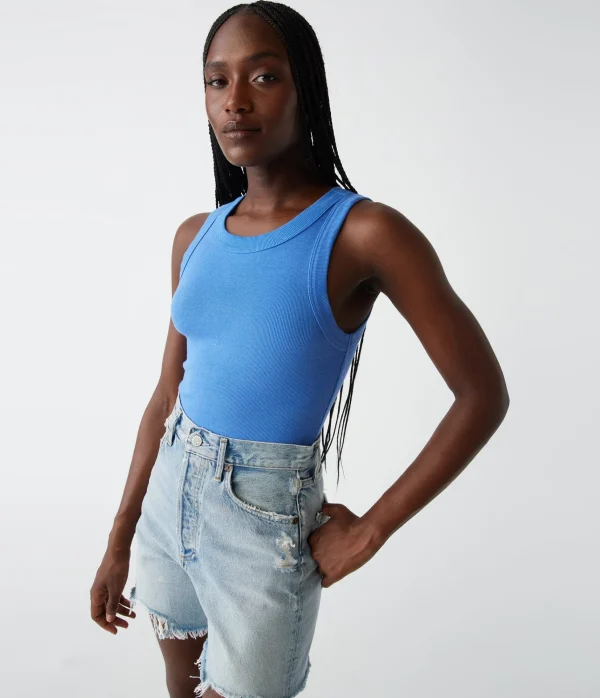 Michael Stars Halley Ribbed Tank with Ruching- Tank Tops | Ultra Rib T-Shirts