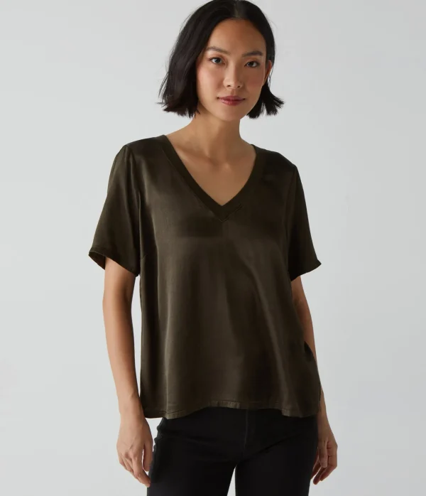 Michael Stars Jodi Satin V-Neck Top- Tops, Blouses & Shirts