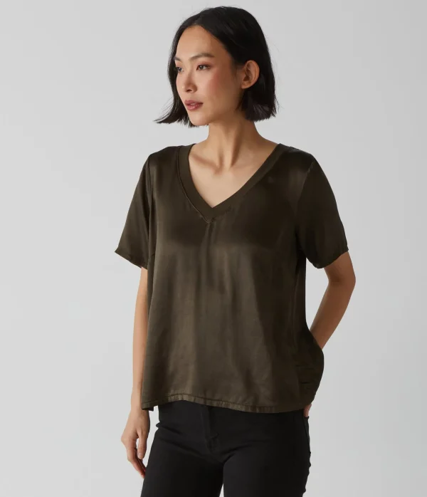Michael Stars Jodi Satin V-Neck Top- Tops, Blouses & Shirts