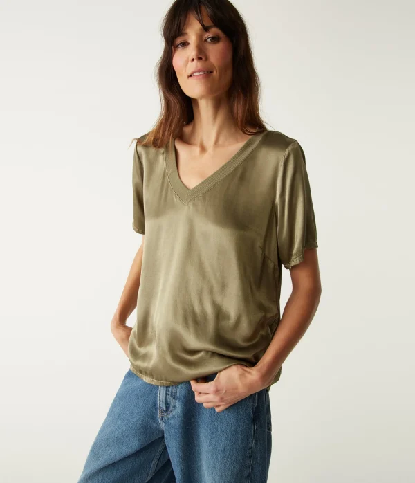 Michael Stars Jodi Satin V-Neck Top- Tops, Blouses & Shirts