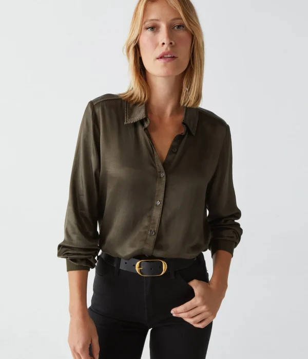 Michael Stars Meredith Satin Button Down Shirt- Tops, Blouses & Shirts