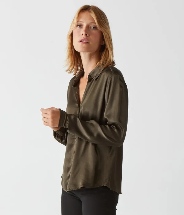 Michael Stars Meredith Satin Button Down Shirt- Tops, Blouses & Shirts