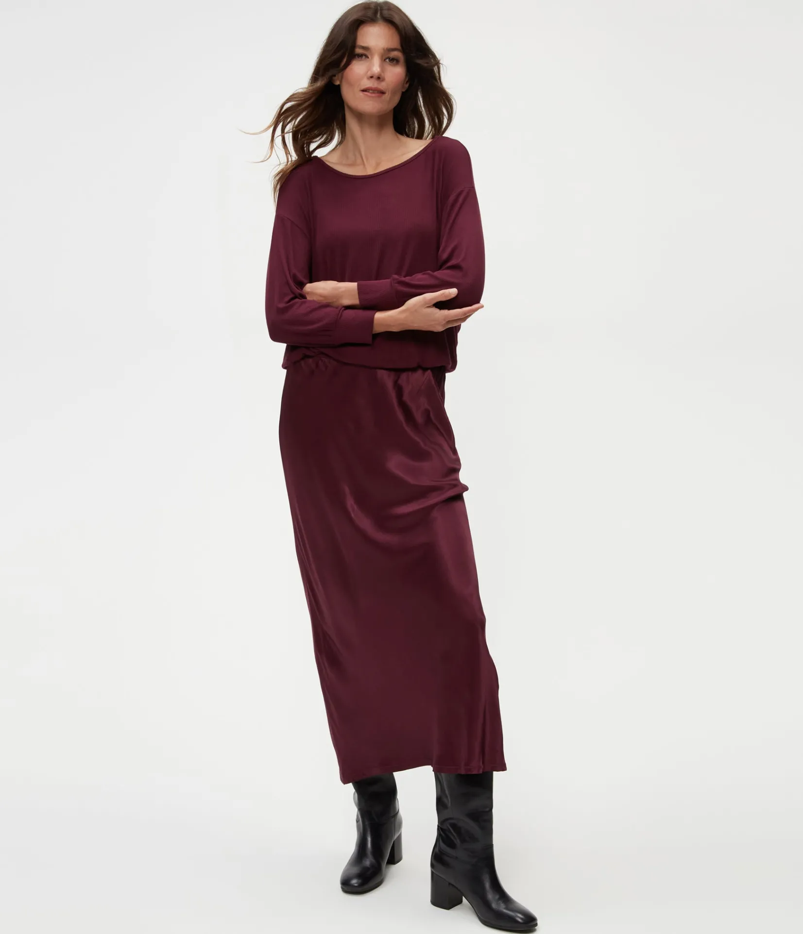 nadia_mixed_fabric_satin_dress_0.webp Michael Stars Nadia Mixed Fabric Satin Dress- Dresses | Midi Dresses