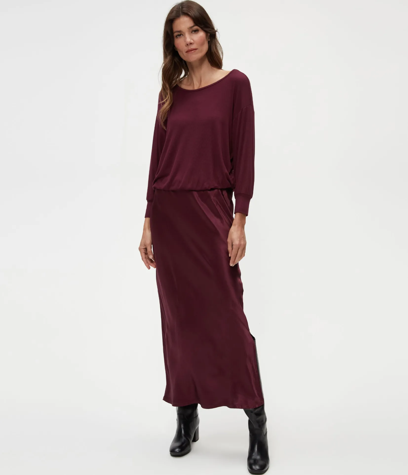 nadia_mixed_fabric_satin_dress_1.webp Michael Stars Nadia Mixed Fabric Satin Dress- Dresses | Midi Dresses