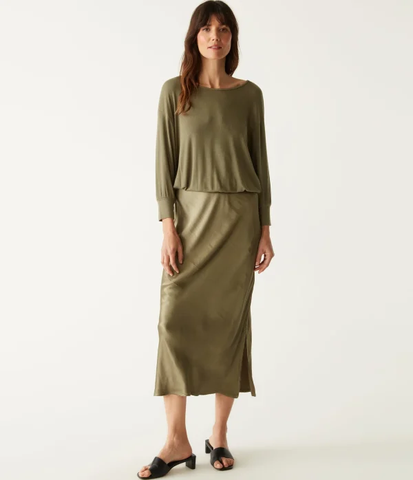 Michael Stars Nadia Mixed Fabric Satin Dress- Dresses | Midi Dresses