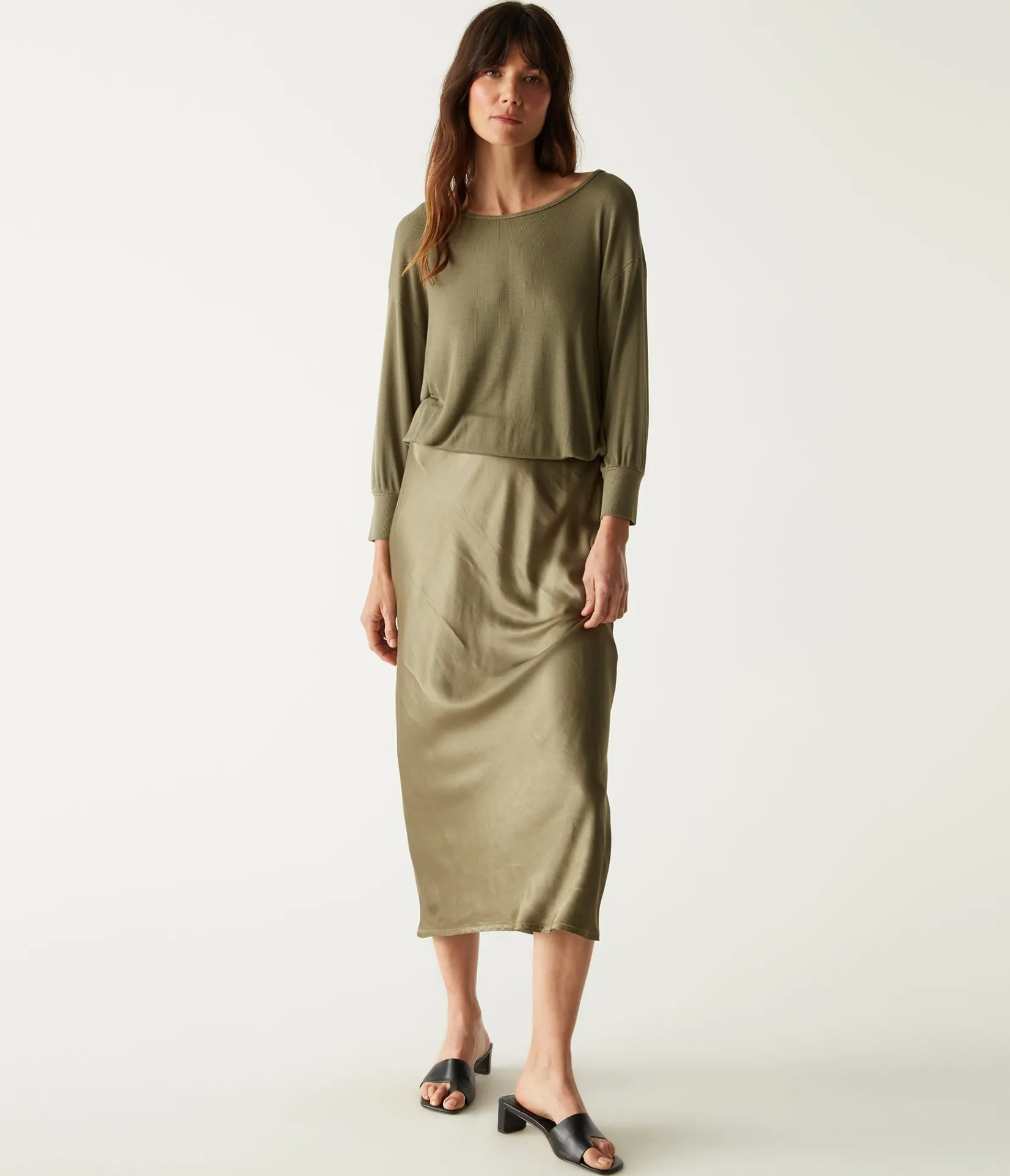 nadia_mixed_fabric_satin_dress_12.webp Michael Stars Nadia Mixed Fabric Satin Dress- Dresses | Midi Dresses