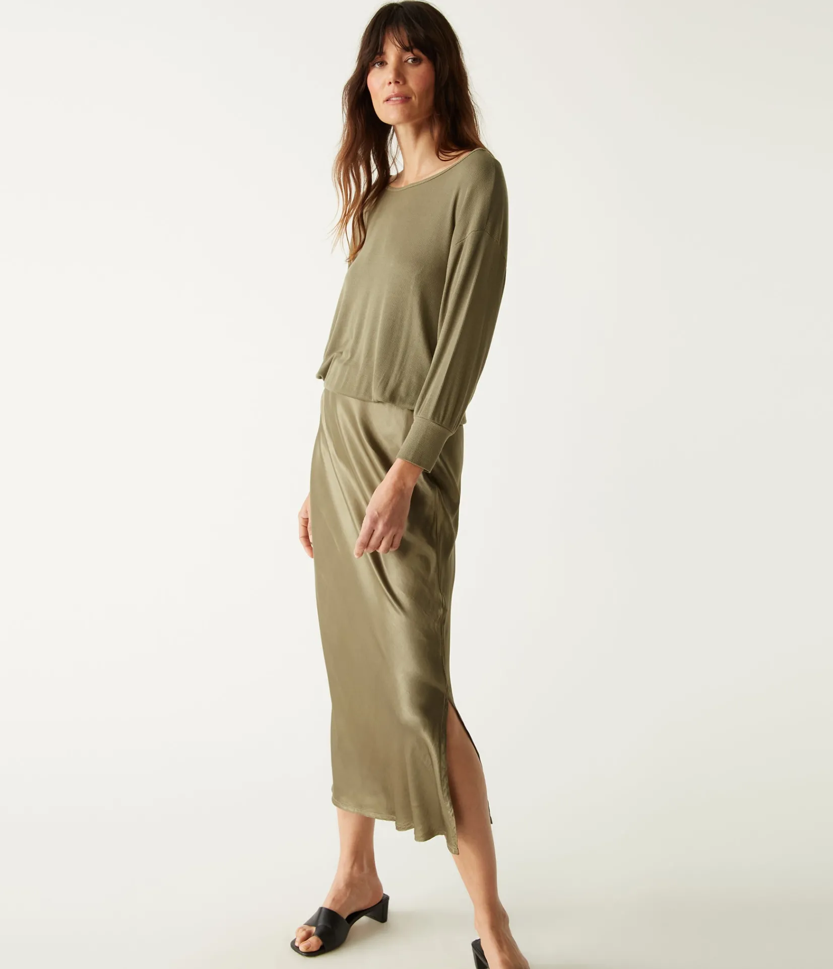 nadia_mixed_fabric_satin_dress_13.webp Michael Stars Nadia Mixed Fabric Satin Dress- Dresses | Midi Dresses