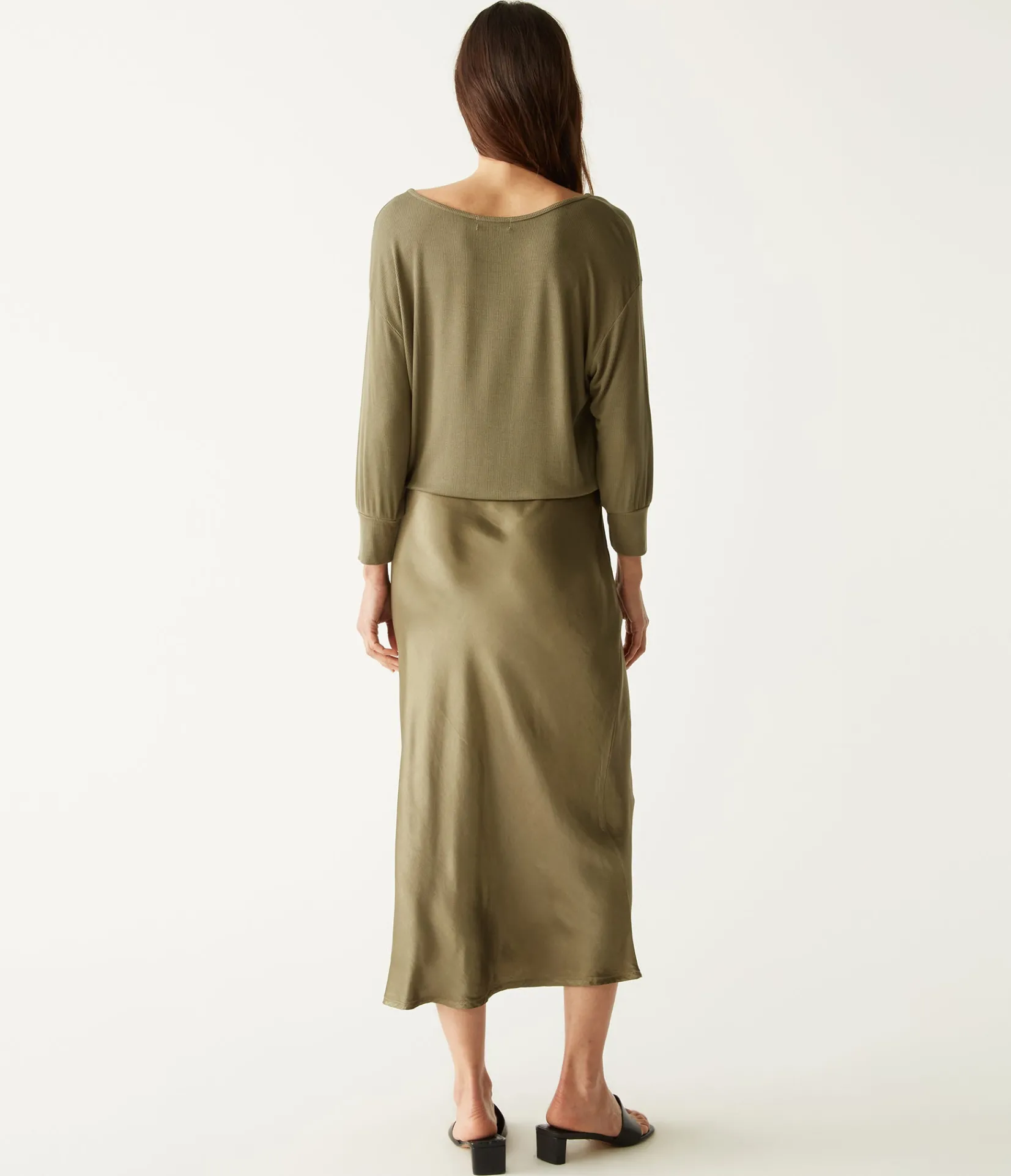 nadia_mixed_fabric_satin_dress_14.webp Michael Stars Nadia Mixed Fabric Satin Dress- Dresses | Midi Dresses