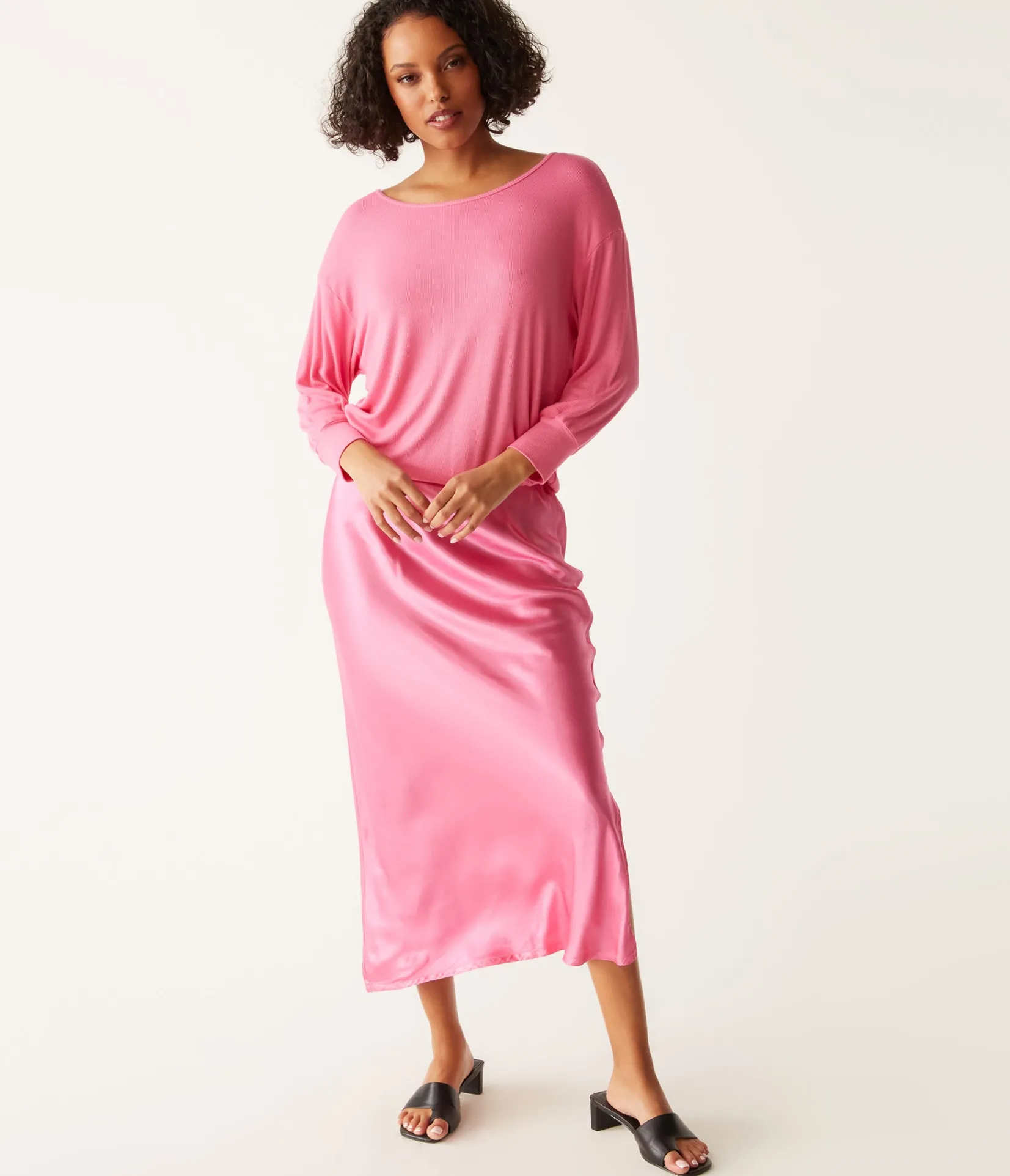 nadia_mixed_fabric_satin_dress_16.webp Michael Stars Nadia Mixed Fabric Satin Dress- Dresses | Midi Dresses