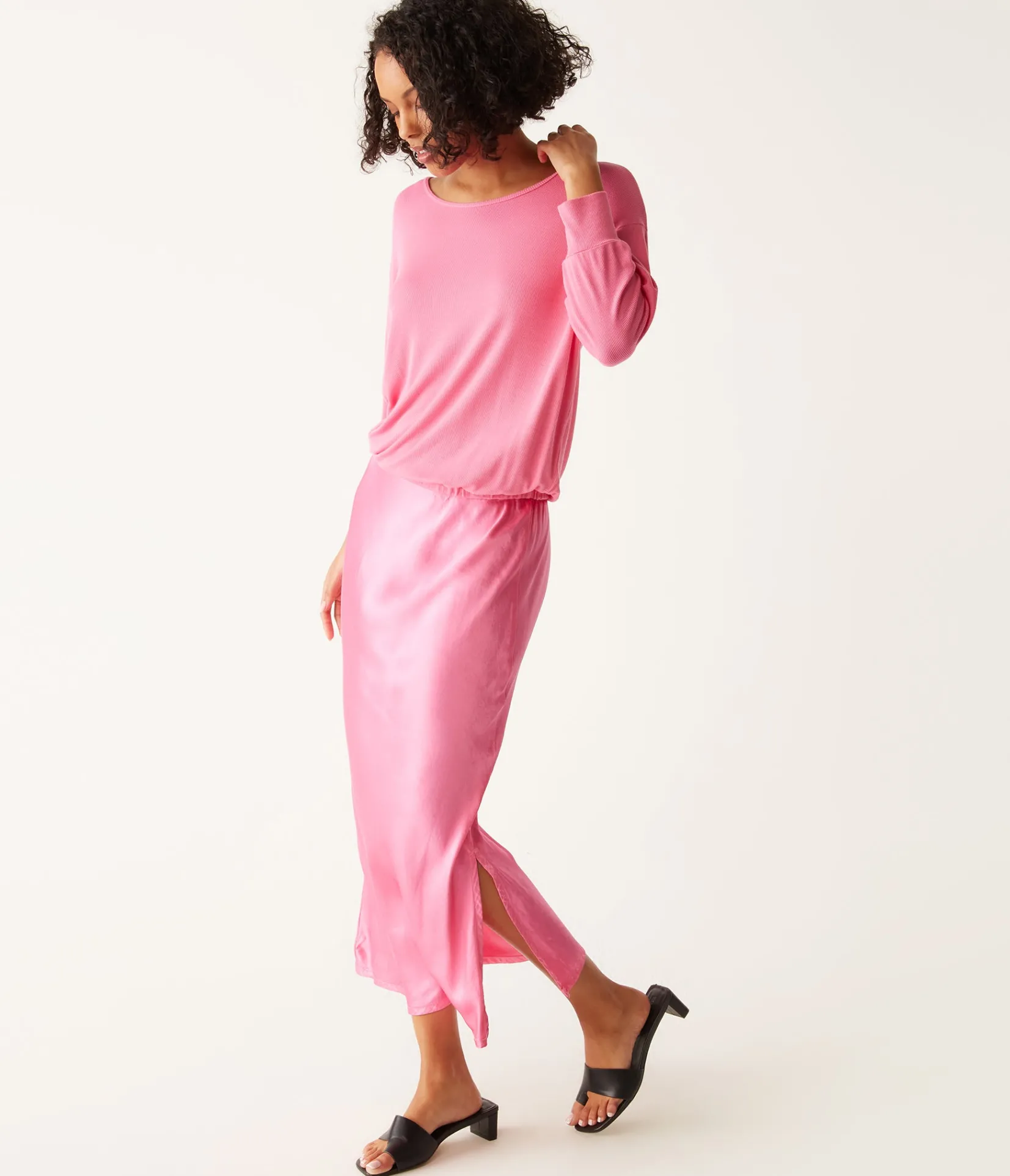 nadia_mixed_fabric_satin_dress_17.webp Michael Stars Nadia Mixed Fabric Satin Dress- Dresses | Midi Dresses