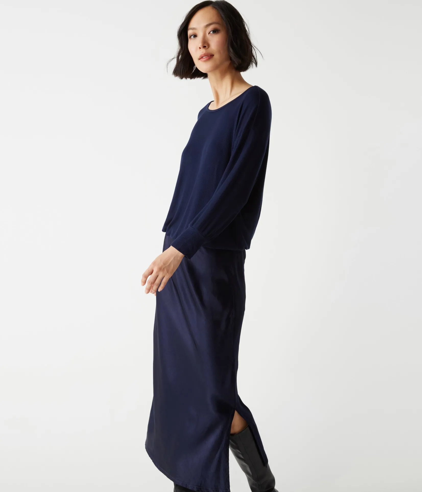 nadia_mixed_fabric_satin_dress_19.webp Michael Stars Nadia Mixed Fabric Satin Dress- Dresses | Midi Dresses