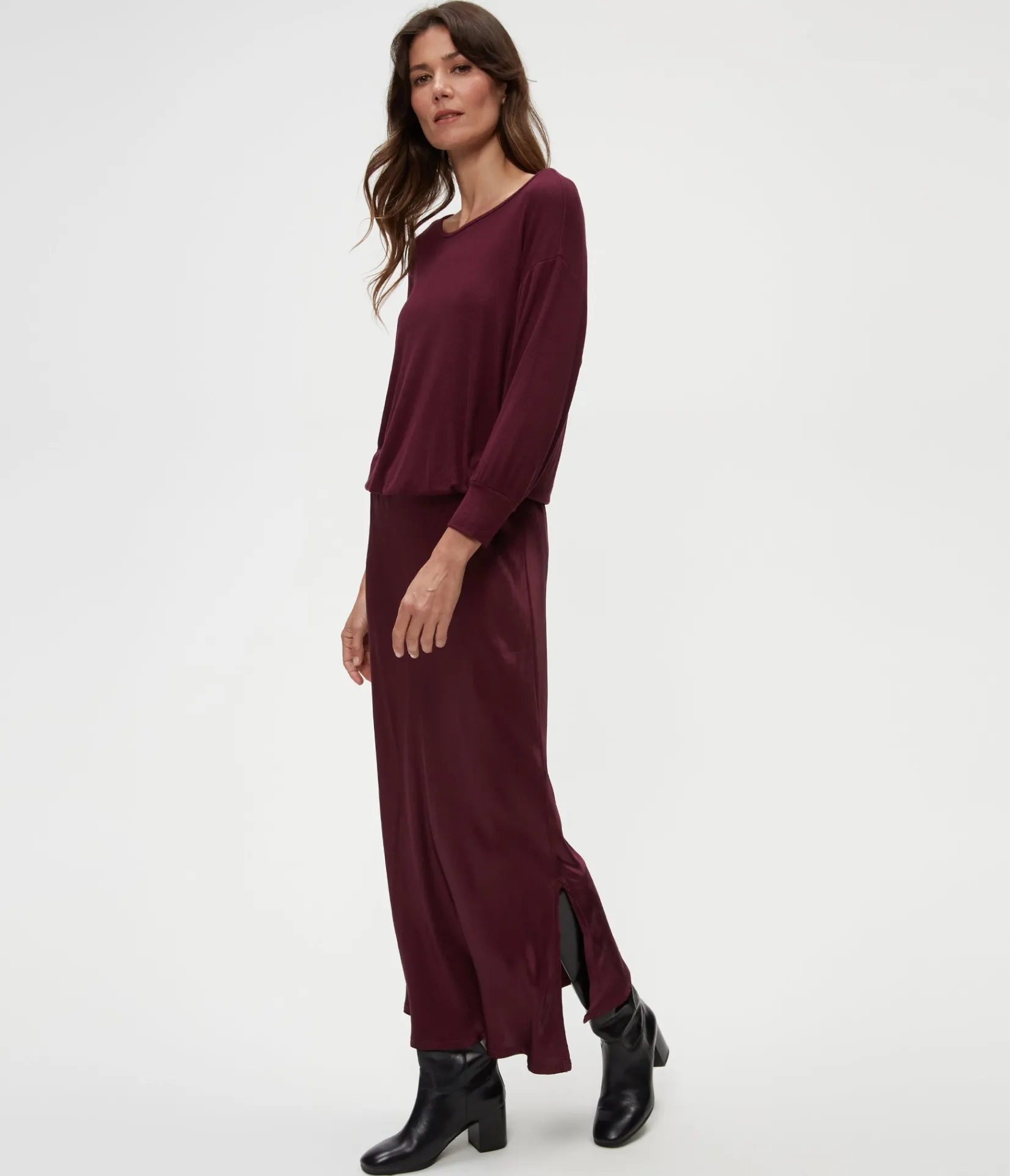 nadia_mixed_fabric_satin_dress_2.webp Michael Stars Nadia Mixed Fabric Satin Dress- Dresses | Midi Dresses