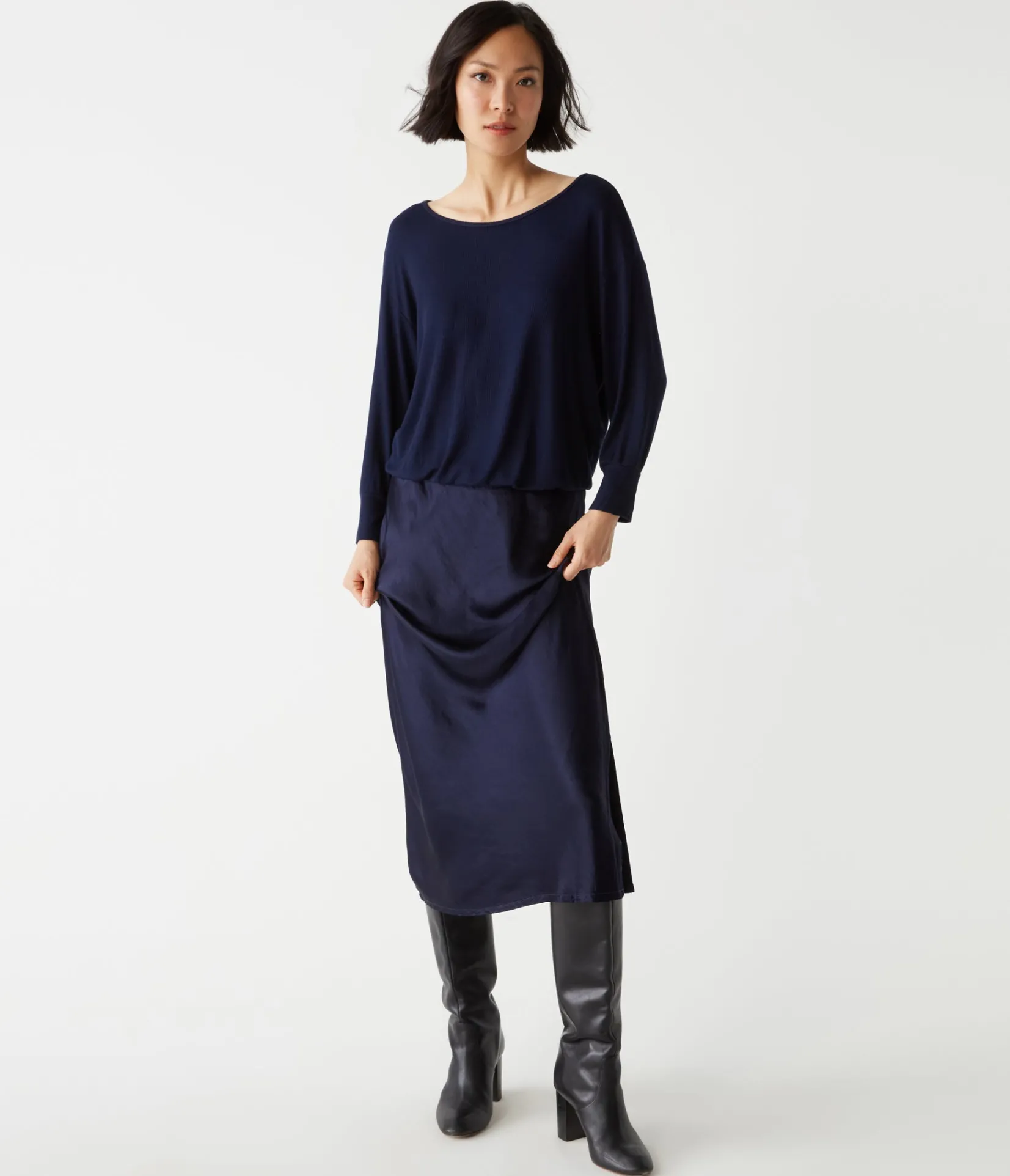 nadia_mixed_fabric_satin_dress_20.webp Michael Stars Nadia Mixed Fabric Satin Dress- Dresses | Midi Dresses