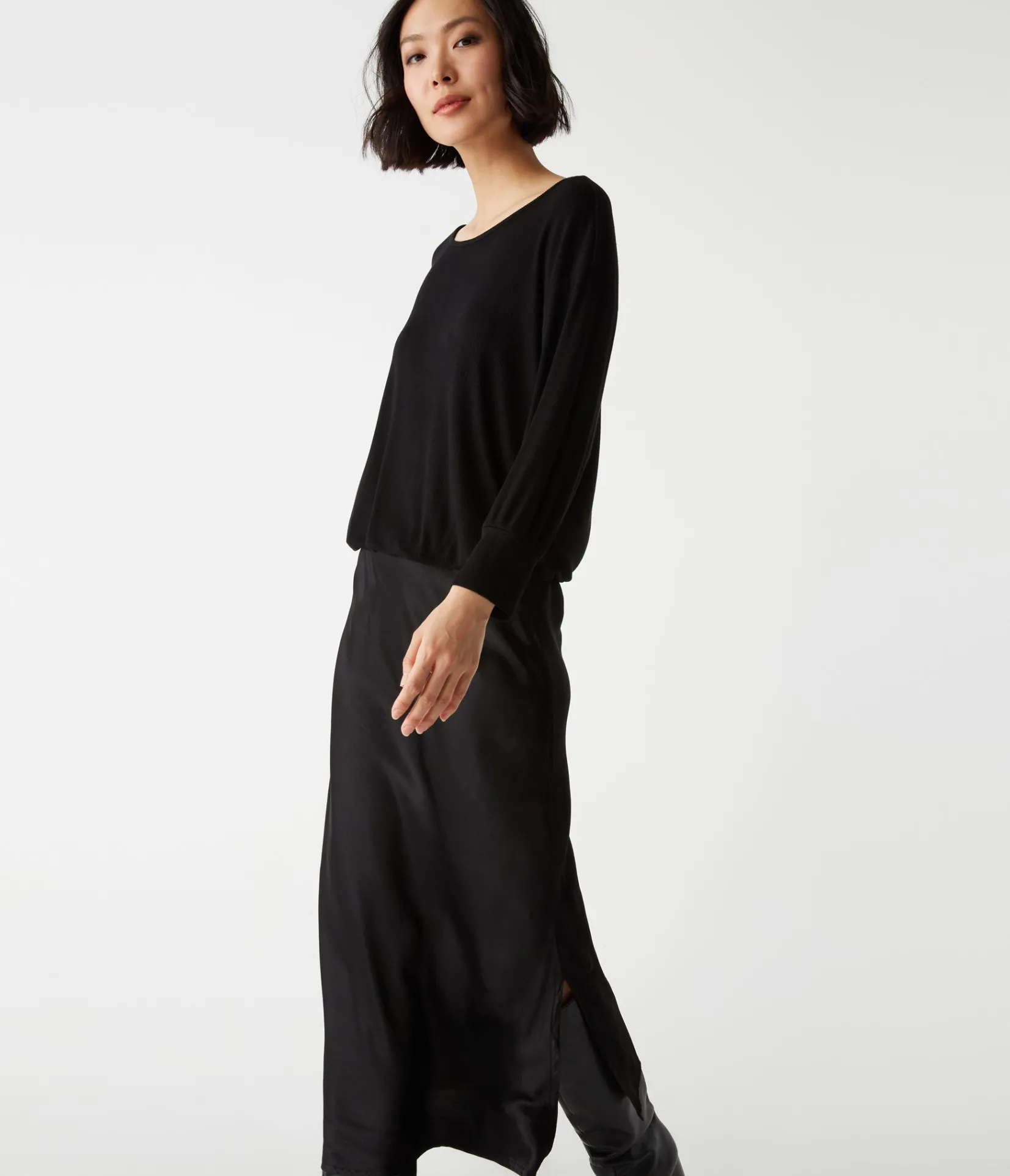 nadia_mixed_fabric_satin_dress_23.webp Michael Stars Nadia Mixed Fabric Satin Dress- Dresses | Midi Dresses