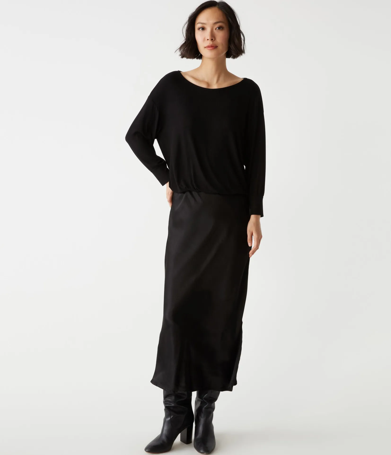 nadia_mixed_fabric_satin_dress_24.webp Michael Stars Nadia Mixed Fabric Satin Dress- Dresses | Midi Dresses