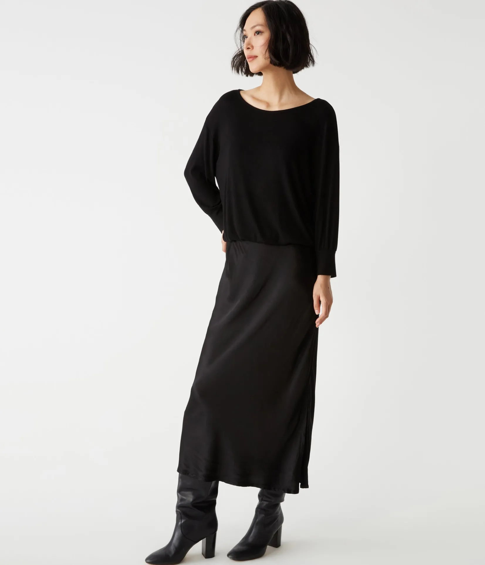 nadia_mixed_fabric_satin_dress_25.webp Michael Stars Nadia Mixed Fabric Satin Dress- Dresses | Midi Dresses