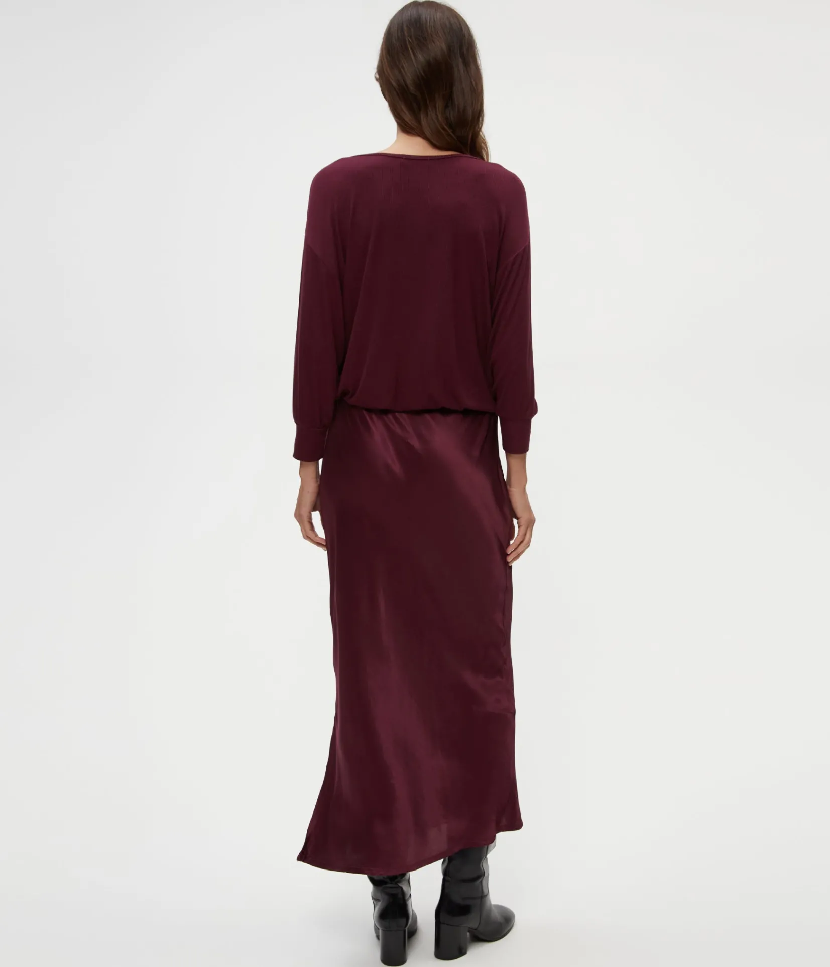 nadia_mixed_fabric_satin_dress_3.webp Michael Stars Nadia Mixed Fabric Satin Dress- Dresses | Midi Dresses