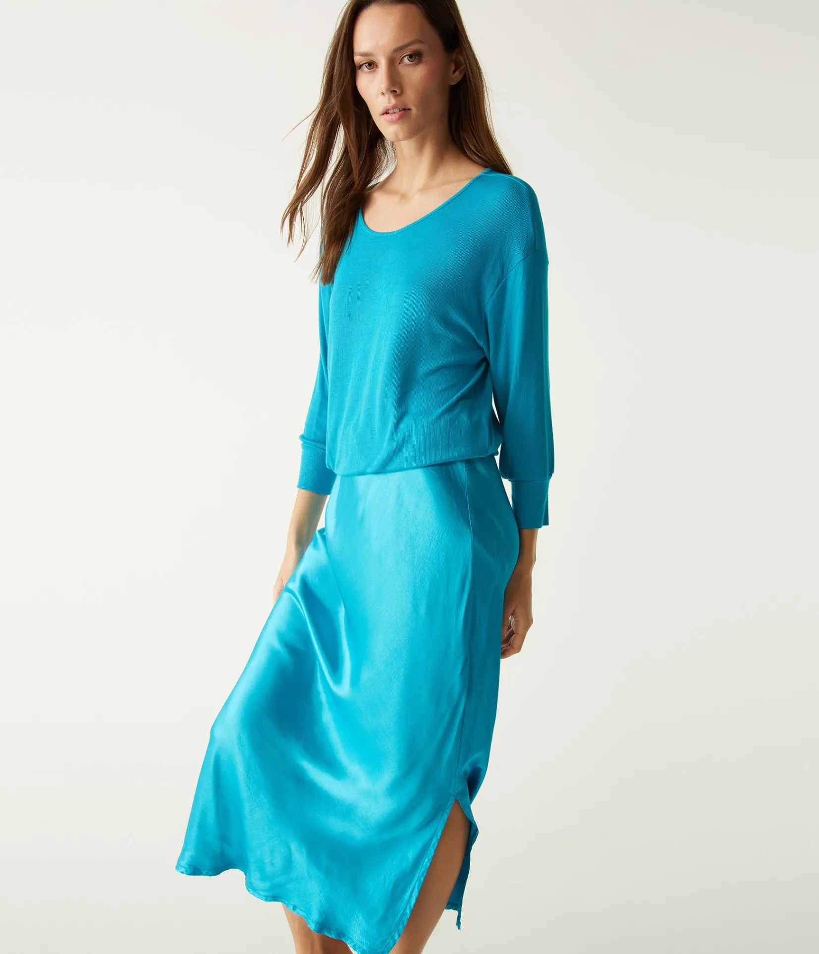 nadia_mixed_fabric_satin_dress_4.webp Michael Stars Nadia Mixed Fabric Satin Dress- Dresses | Midi Dresses
