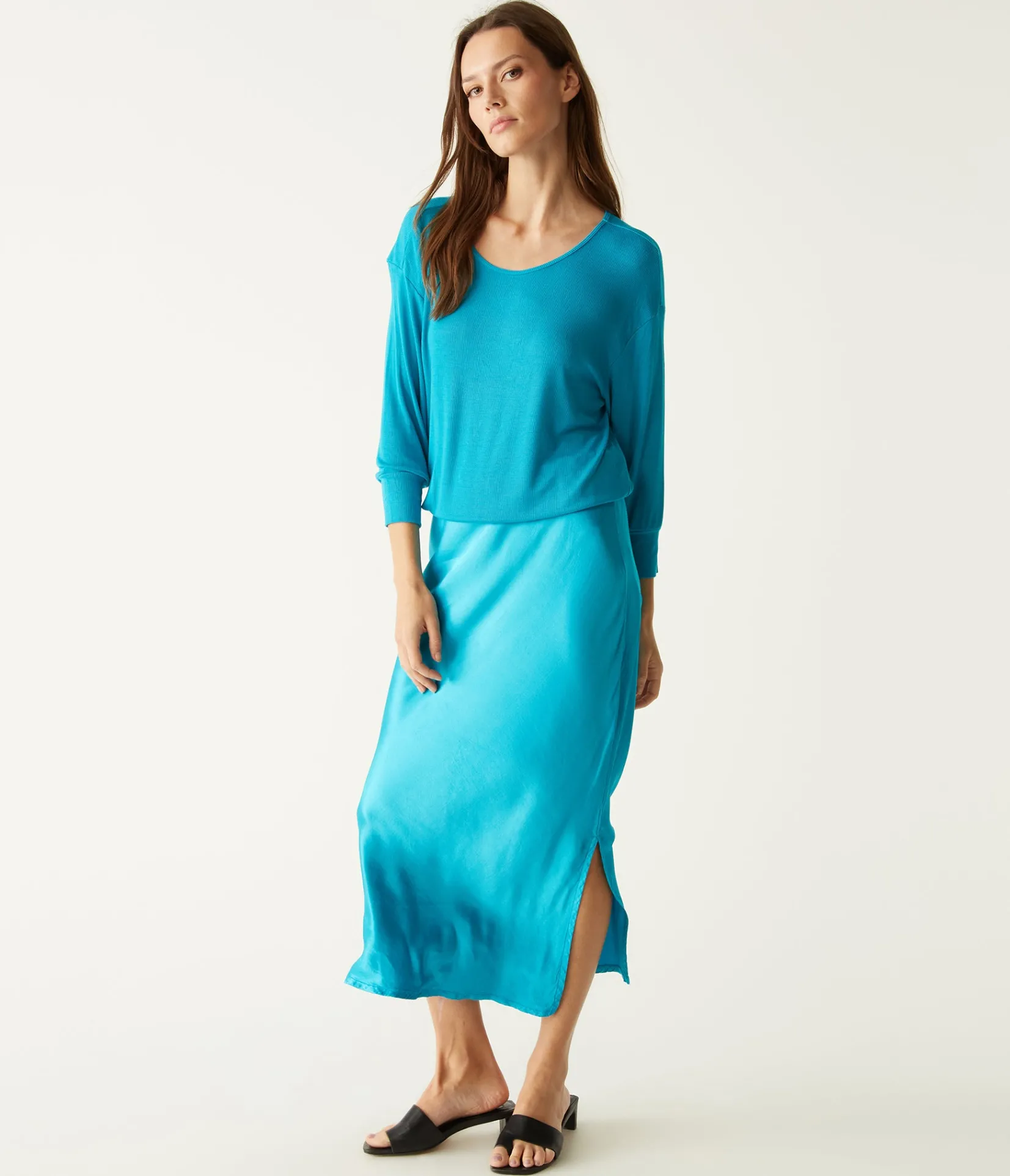 nadia_mixed_fabric_satin_dress_6.webp Michael Stars Nadia Mixed Fabric Satin Dress- Dresses | Midi Dresses