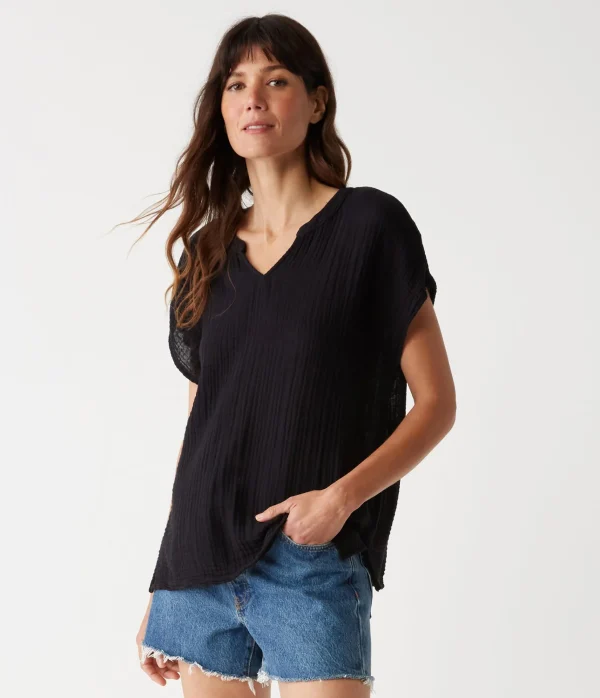 Michael Stars Naomi Split Neck Top- Tops, Blouses & Shirts