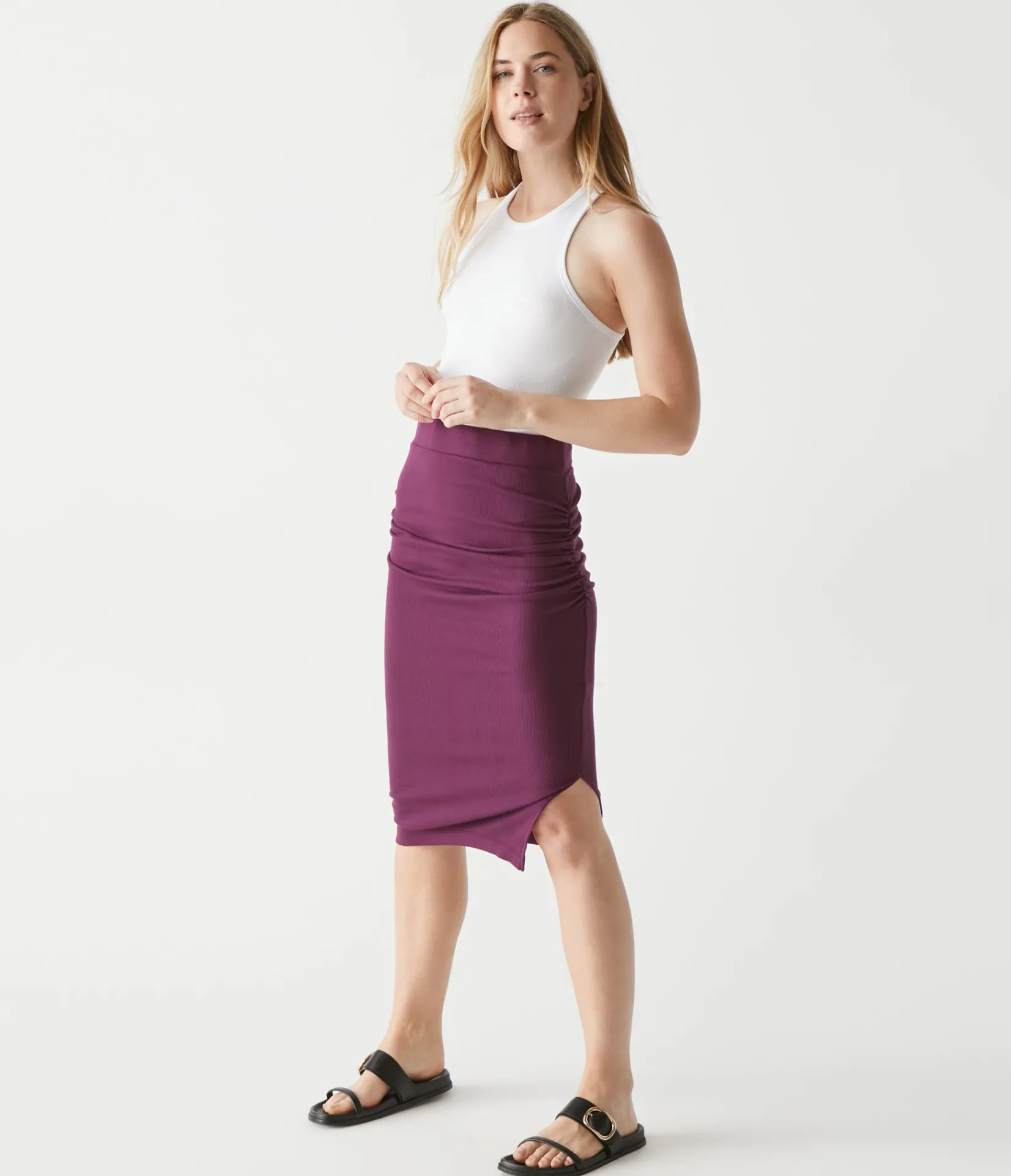 rae_ribbed_skirt_with_slit_21.webp Michael Stars Rae Ribbed Skirt with Slit- Pants, Shorts & Skirts