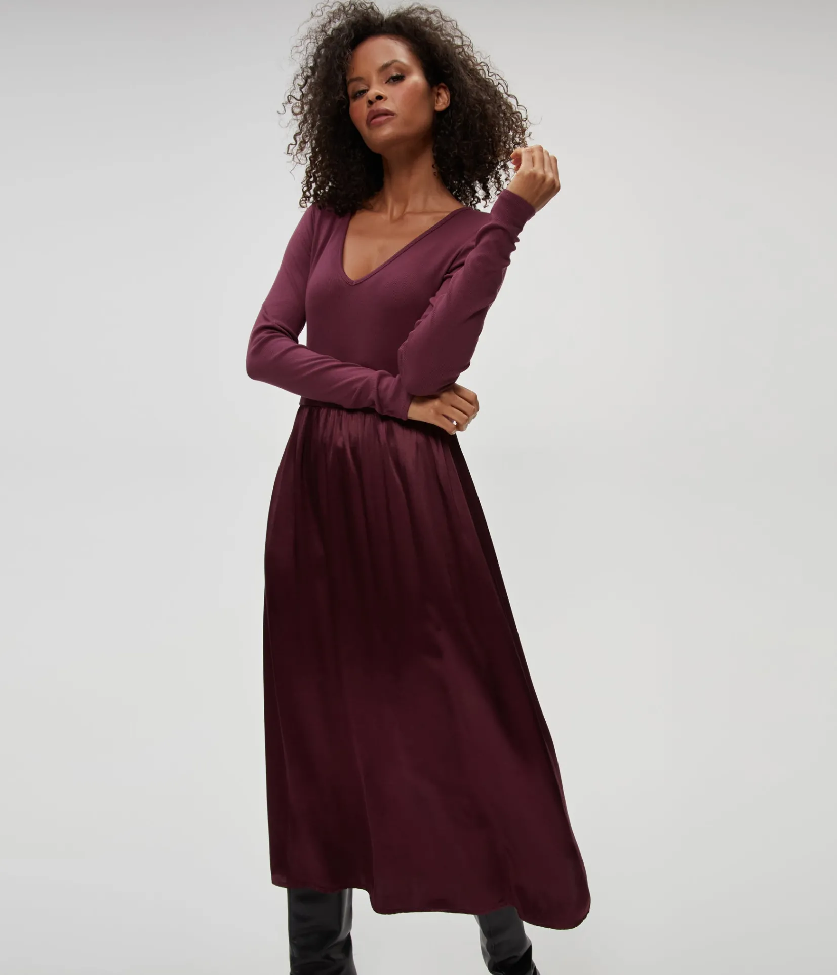 sutton_mixed_fabric_satin_dress_0.webp Michael Stars Sutton Mixed Fabric Satin Dress- Dresses | Midi Dresses