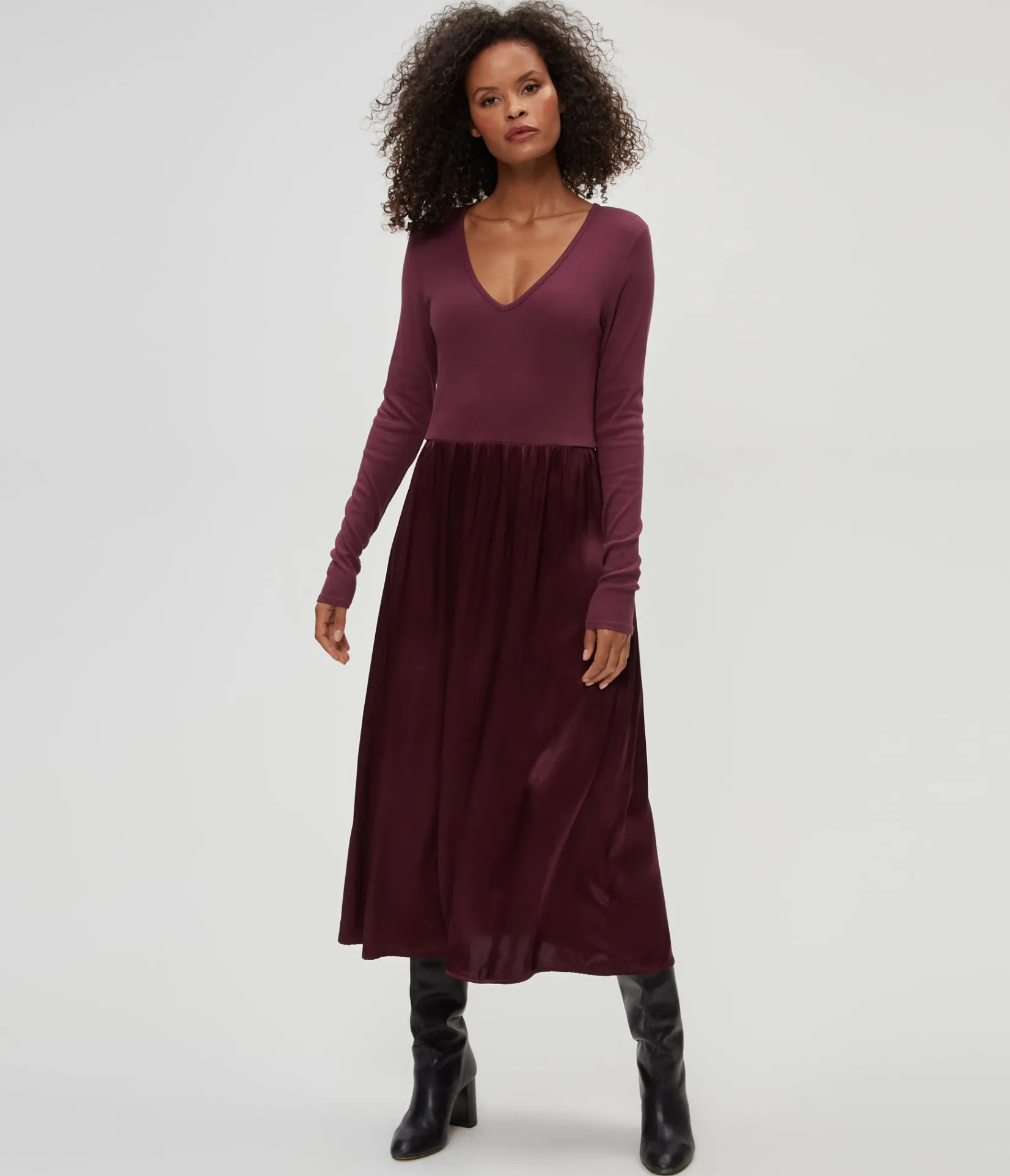 sutton_mixed_fabric_satin_dress_1.webp Michael Stars Sutton Mixed Fabric Satin Dress- Dresses | Midi Dresses