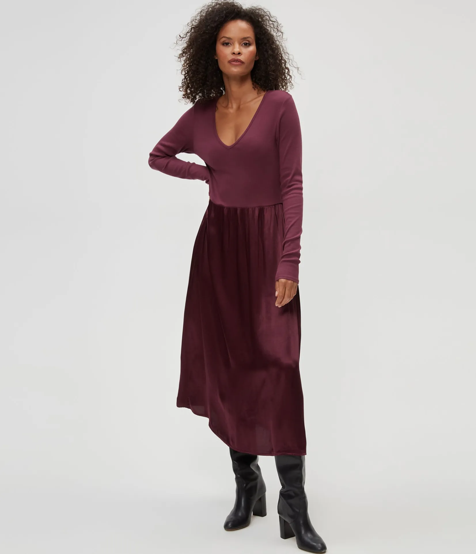 sutton_mixed_fabric_satin_dress_2.webp Michael Stars Sutton Mixed Fabric Satin Dress- Dresses | Midi Dresses
