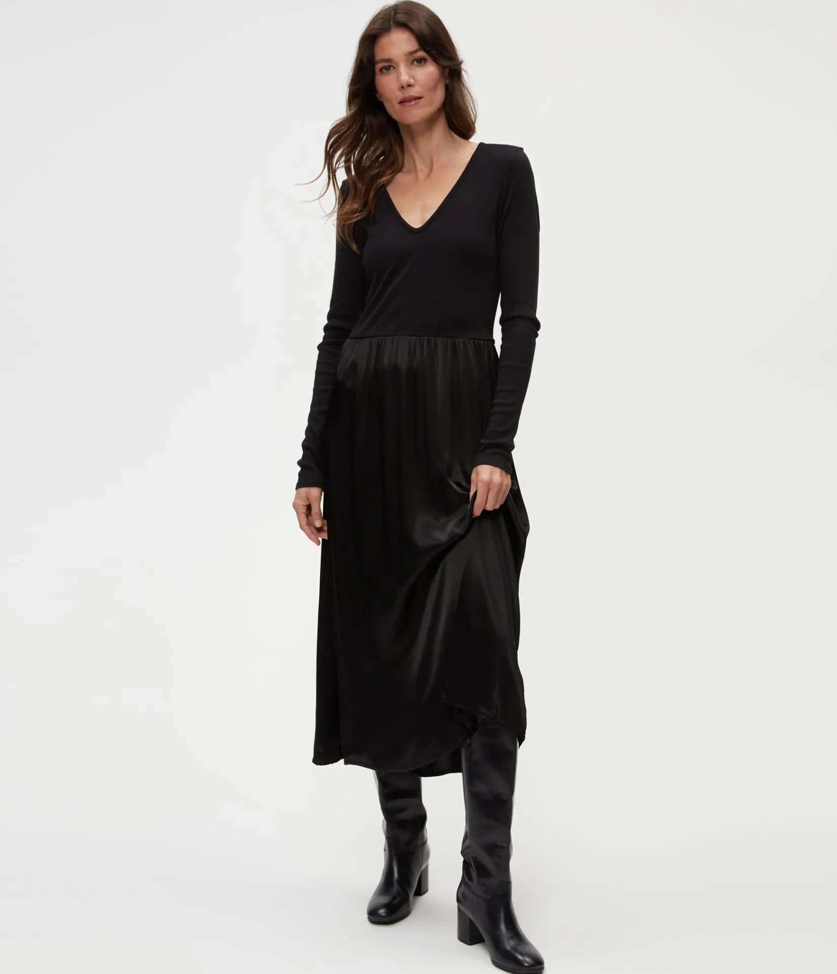 sutton_mixed_fabric_satin_dress_4.webp Michael Stars Sutton Mixed Fabric Satin Dress- Dresses | Midi Dresses