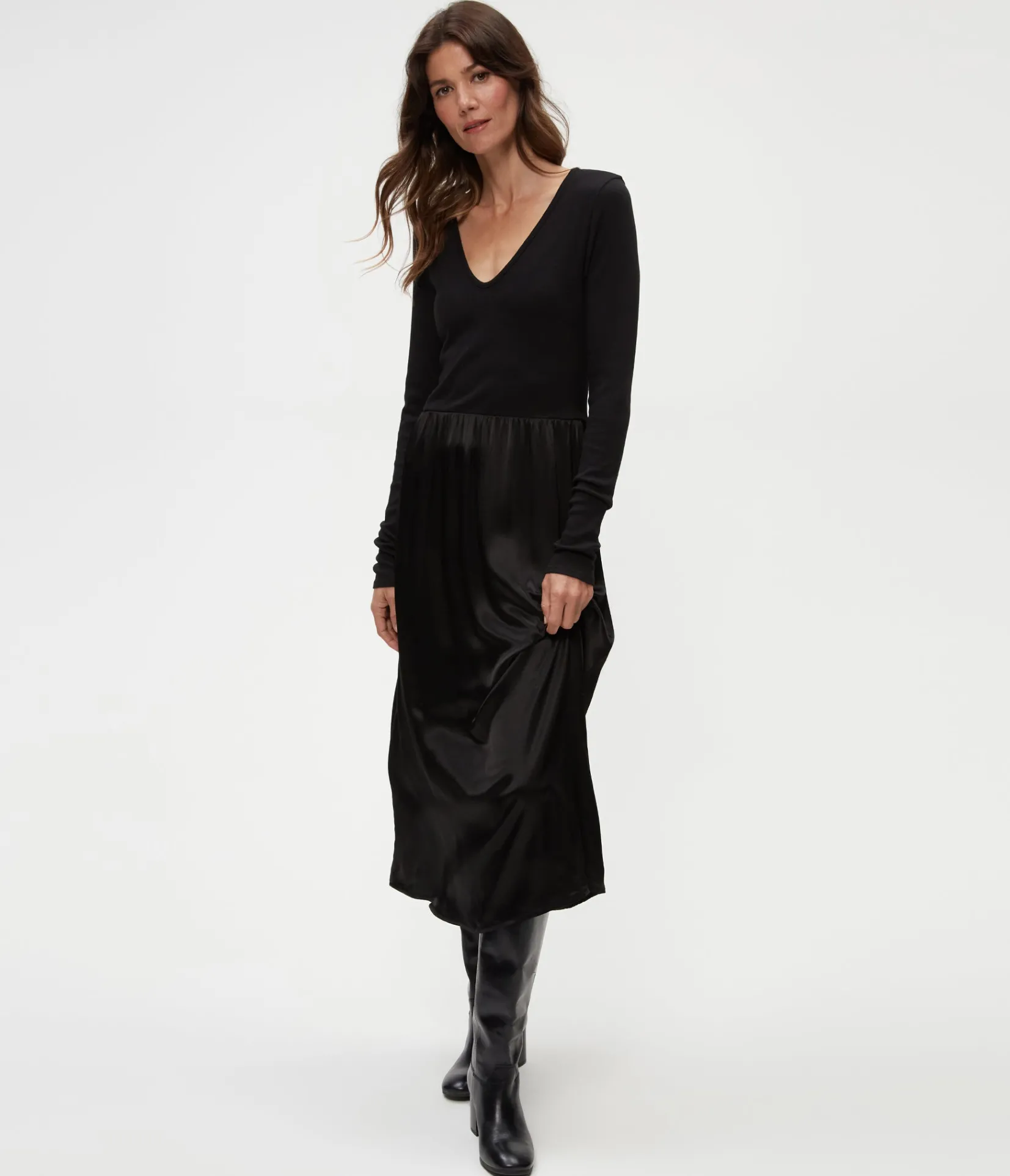 sutton_mixed_fabric_satin_dress_6.webp Michael Stars Sutton Mixed Fabric Satin Dress- Dresses | Midi Dresses